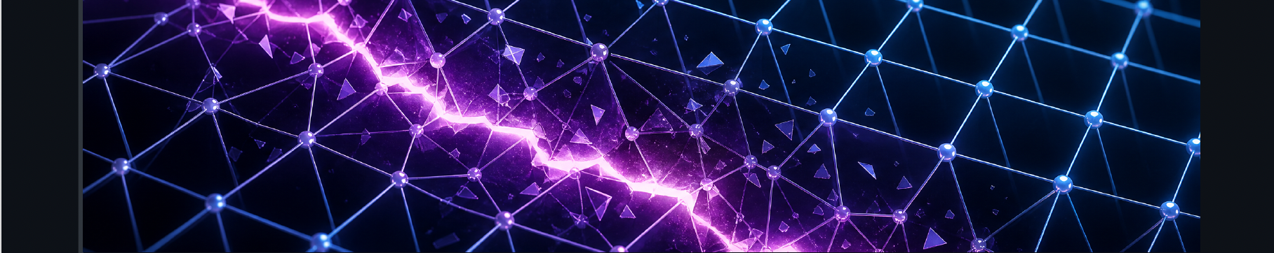 A cracked, glowing lattice grid transitioning from purple to blue, representing a mathematical vulnerability found within an encryption structure