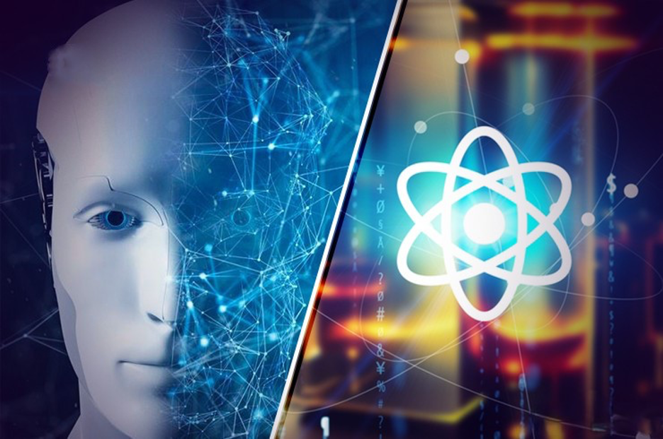 A composite image of an android face overlaid with a neural network pattern on one side, and a glowing atom symbol over a data-streaked background on the other