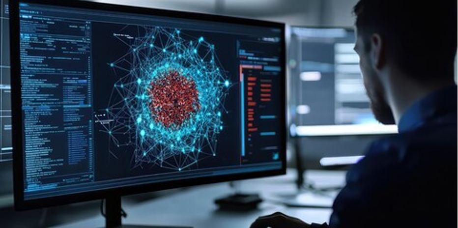An analyst monitoring a network threat visualization across multiple screens