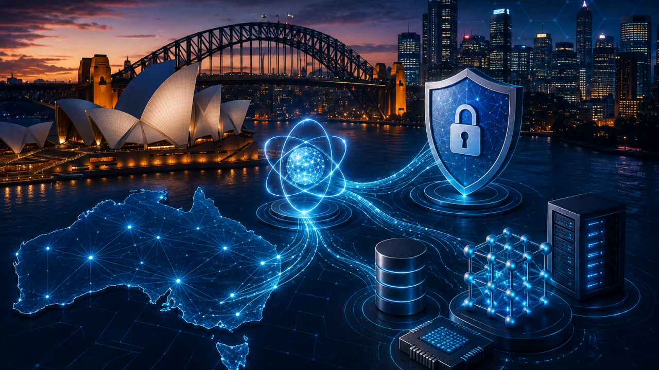 Australia map and quantum security visualization over Sydney skyline