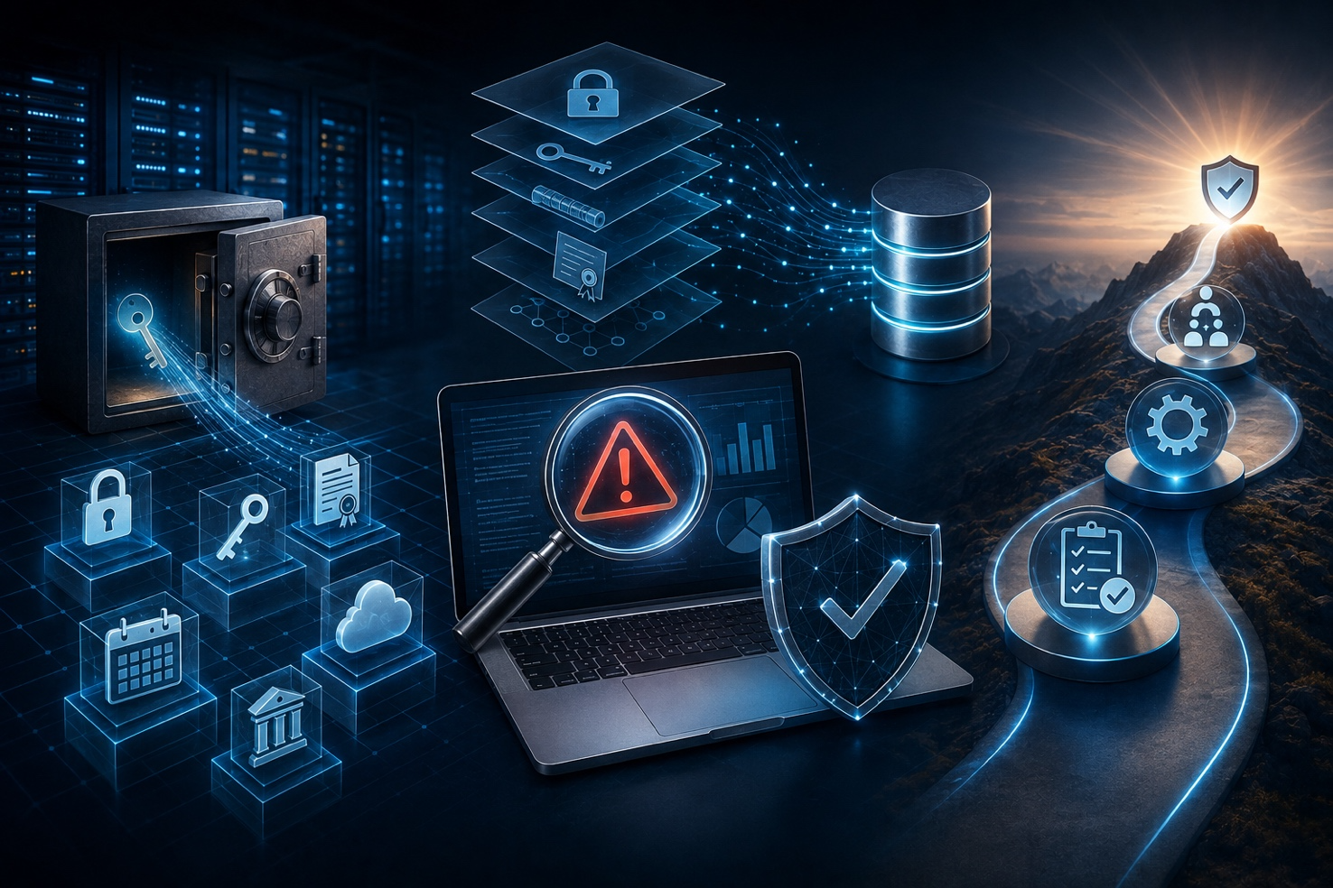 Illustration of cryptographic asset discovery: vault, keys, certificates, vulnerability scanning, and a roadmap to a secured target state