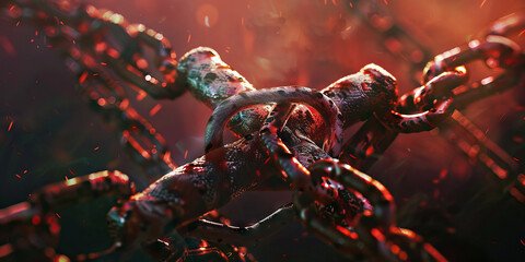 Broken chains with glowing embers