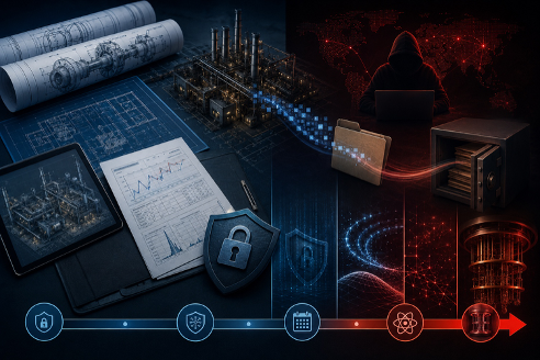 Timeline illustration moving from engineering blueprints and facility data on the left, through a compromised encryption layer, to an exposed vault on the right, with security milestone icons along the bottom
