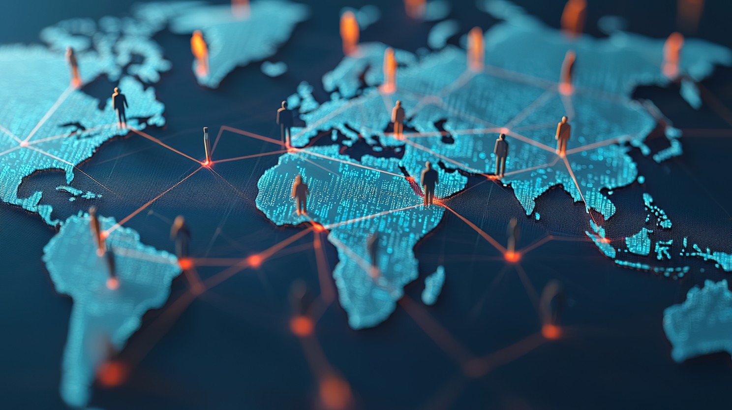 A world map rendered in glowing blue, with small human figures standing at connected nodes across continents, linked by red network lines
