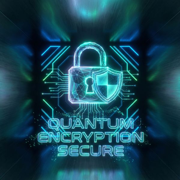 A glowing padlock and shield icon set against a circuit-board background, labelled "Quantum Encryption Secure"