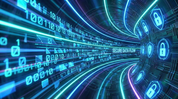 A tunnel of glowing blue binary code and padlock icons streaming past, labelled "Secure Data Flow"