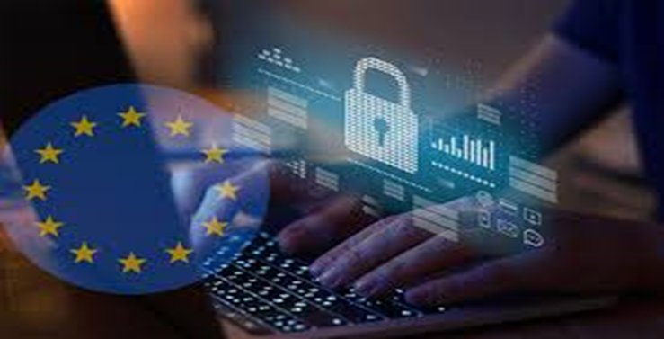 EU flag overlaid with a digital padlock and laptop