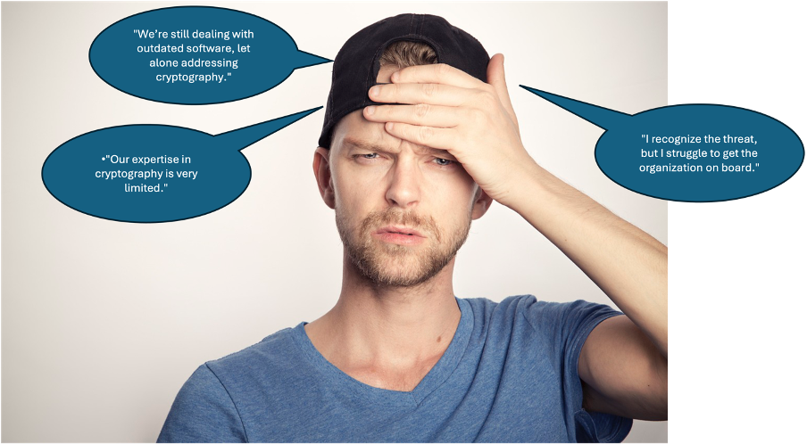 A photo of a person with their hand on their forehead, with speech bubbles reading "We're still dealing with outdated software, let alone addressing cryptography," "Our expertise in cryptography is very limited," and "I recognize the threat, but I struggle to get the organization on board"