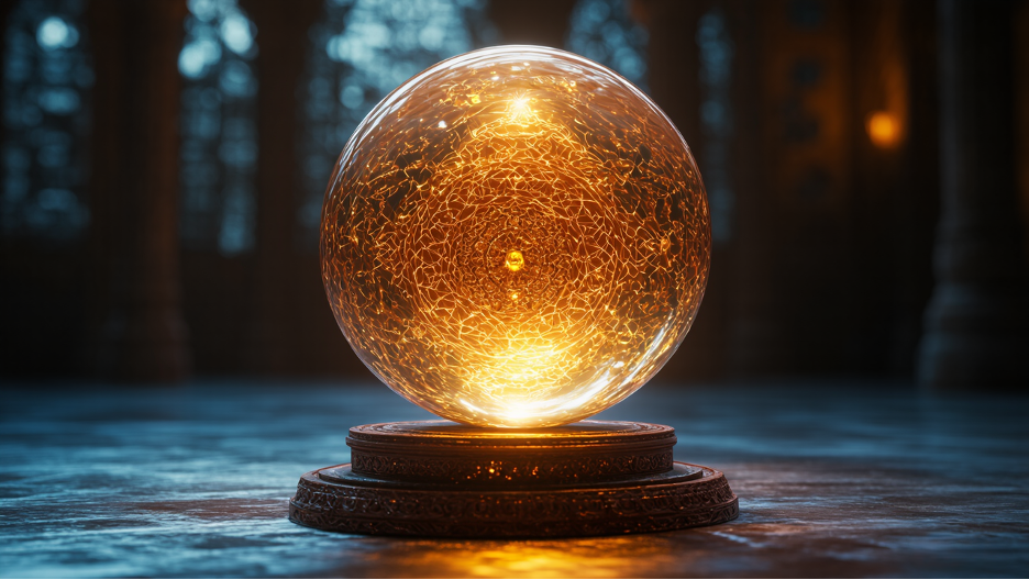 A glowing crystal ball on an ornate stand in a dimly lit hall