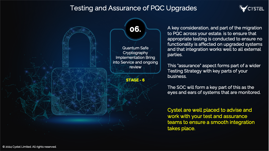 Cystel's Testing and Assurance of PQC Upgrades slide, describing Stage 6: bringing quantum-safe cryptography into service with ongoing review, with the SOC forming a key part of the monitoring process