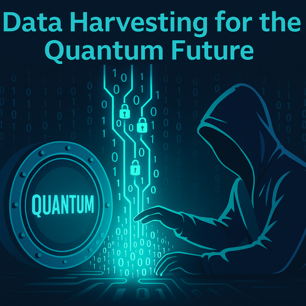 An illustration titled "Data Harvesting for the Quantum Future," showing a hooded figure capturing encrypted data streams from a quantum-labeled portal