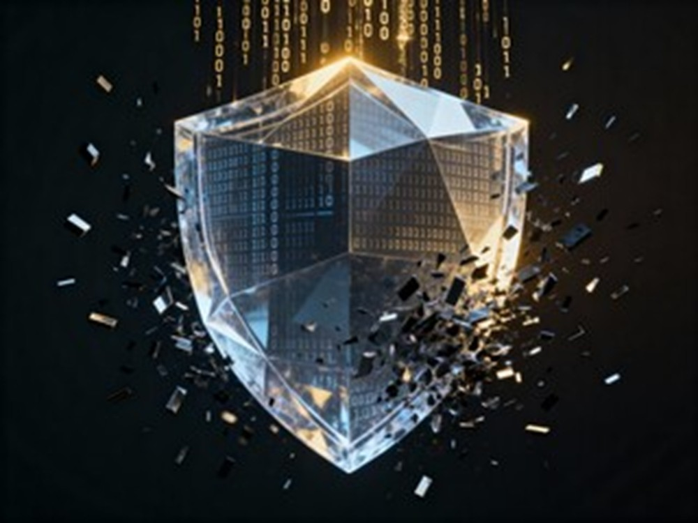 A crystalline shield made of binary code, shattering under falling streams of digital data