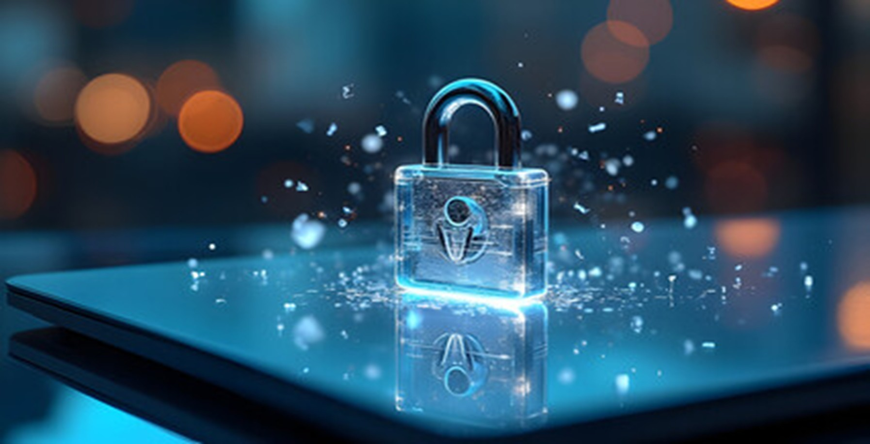 A glowing digital padlock hovering above a reflective glass tablet, lit by soft blue and amber light