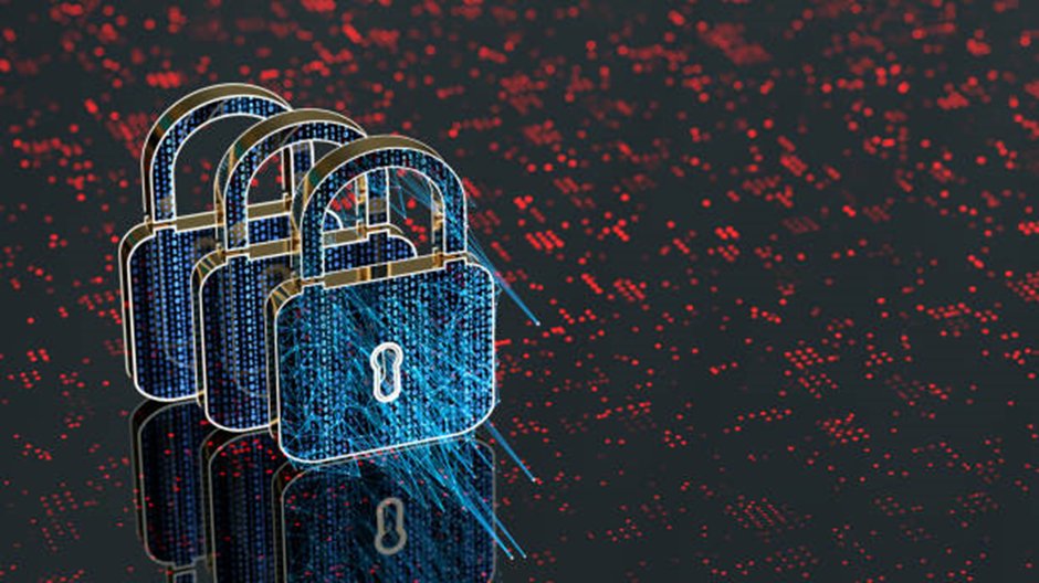 Blue circuit-pattern padlocks on a dark background