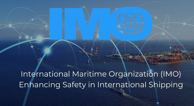 A composite image showing the International Maritime Organization (IMO) logo over a port and shipping backdrop, titled "Enhancing Safety in International Shipping"