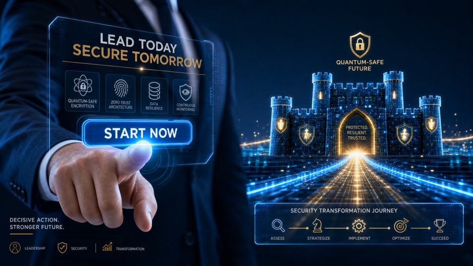 Graphic reading "Lead Today, Secure Tomorrow" with quantum-safe encryption, zero trust architecture, data resilience and continuous monitoring icons, alongside a fortified castle labelled "Quantum-Safe Future" and a security transformation journey from assess to succeed