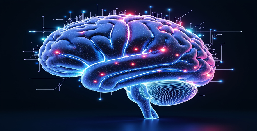 A glowing digital illustration of a brain with circuit-like connections and highlighted neural nodes