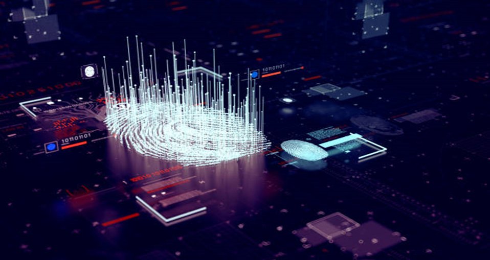 Digital fingerprint rendered from glowing data points over a circuit board