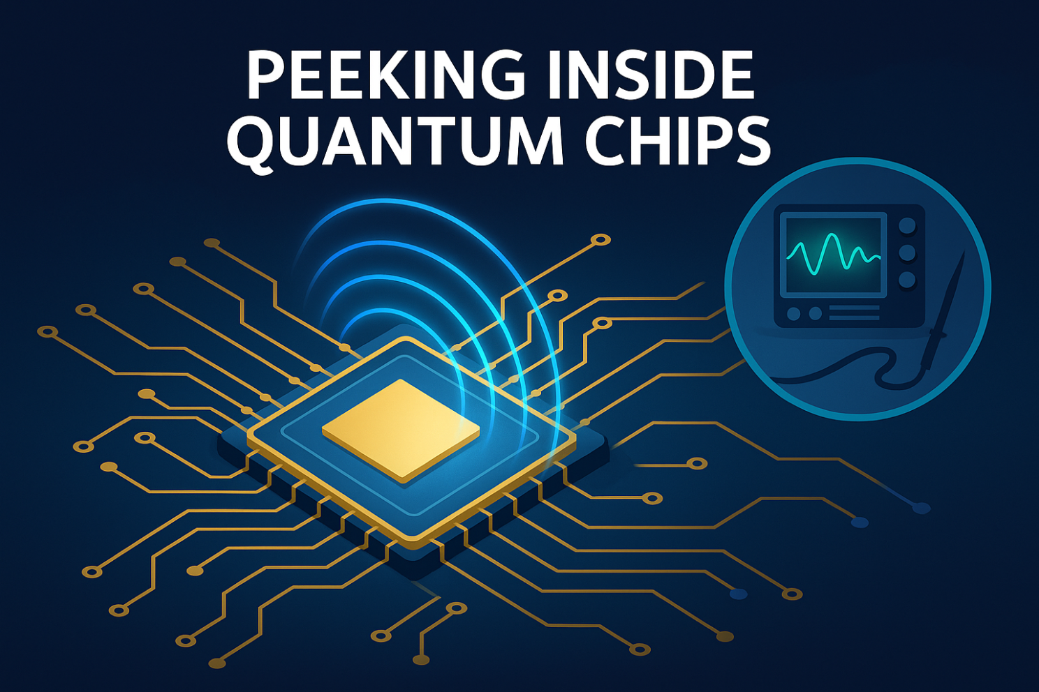 An illustration titled "Peeking Inside Quantum Chips," showing a quantum chip with an oscilloscope reading its signal emissions
