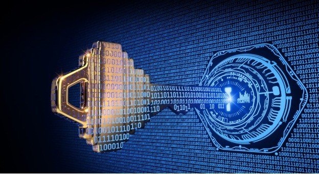 Digital key against a binary code background