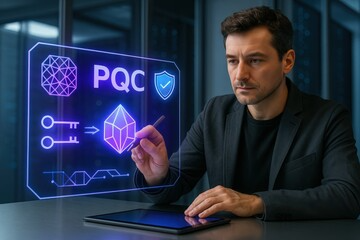 A professional in a dark blazer studying a glowing holographic PQC interface showing a lock, key, and crystalline node icons