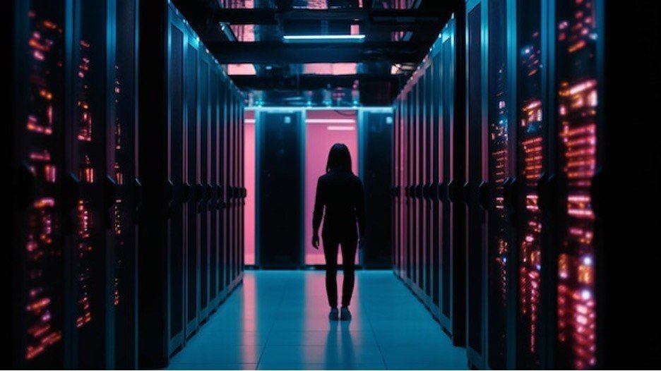 Silhouette walking through a data center corridor