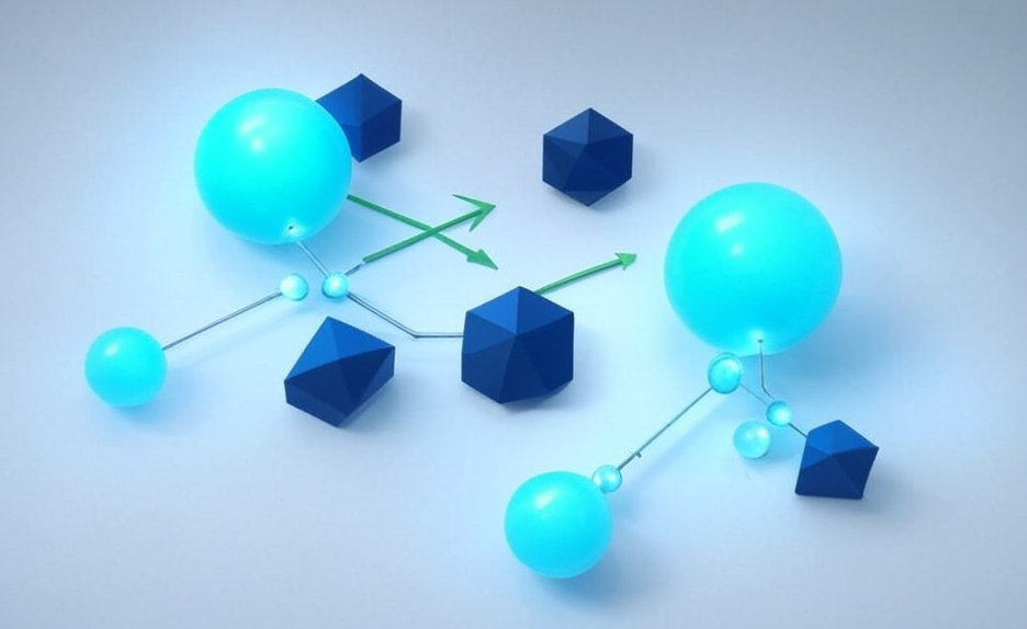 An abstract 3D illustration of light blue and navy spheres and polyhedra connected by branching pathways with green arrows, representing multiple decision routes explored simultaneously