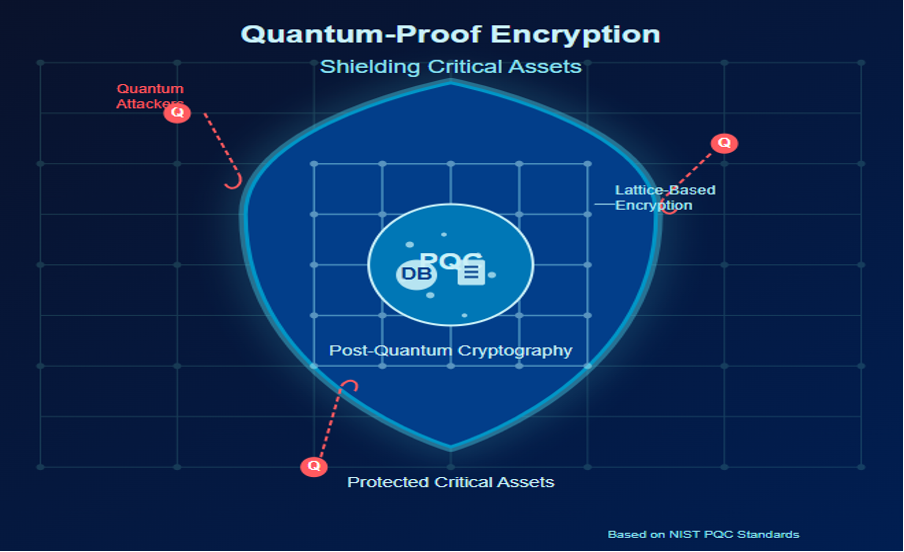 A shield diagram titled "Quantum-Proof Encryption: Shielding Critical Assets," showing lattice-based post-quantum cryptography protecting critical assets from quantum attackers