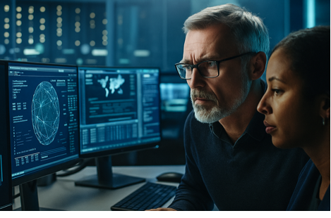 Two security analysts studying network graphs and world-map dashboards across multiple monitors in a dimly-lit operations centre