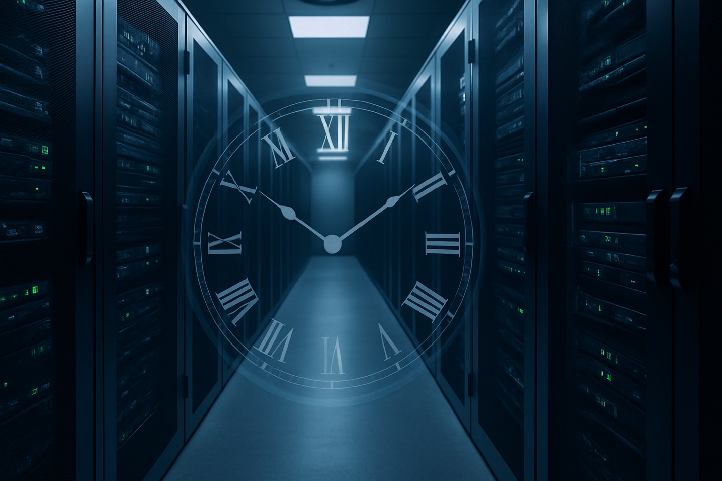 A translucent clock face overlaid on a server room corridor lined with racks of blinking equipment
