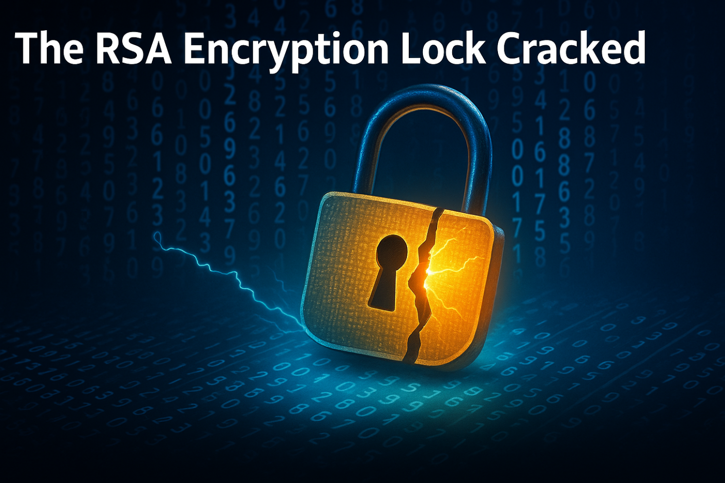 A cracked padlock titled "The RSA Encryption Lock Cracked," representing Shor's algorithm's threat to RSA encryption