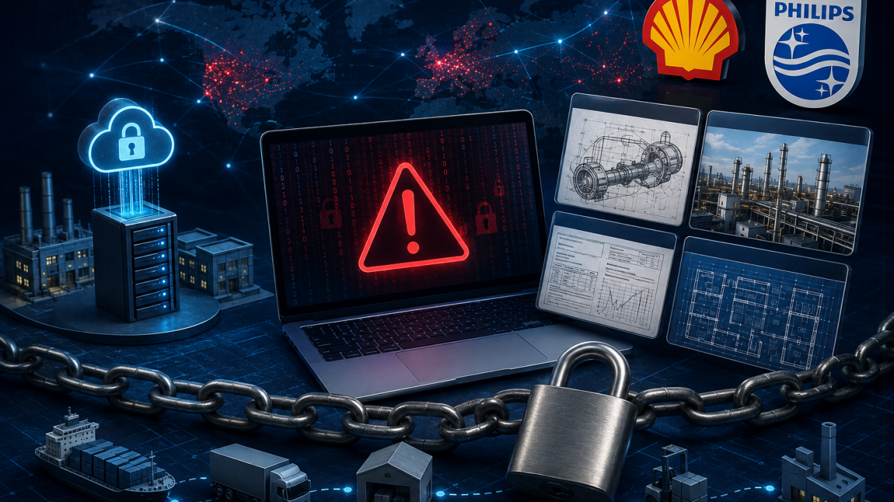 Illustration of the Windchill breach: a warning alert on a laptop screen surrounded by stolen engineering drawings, facility imagery, and the Shell and Philips logos, chained shut