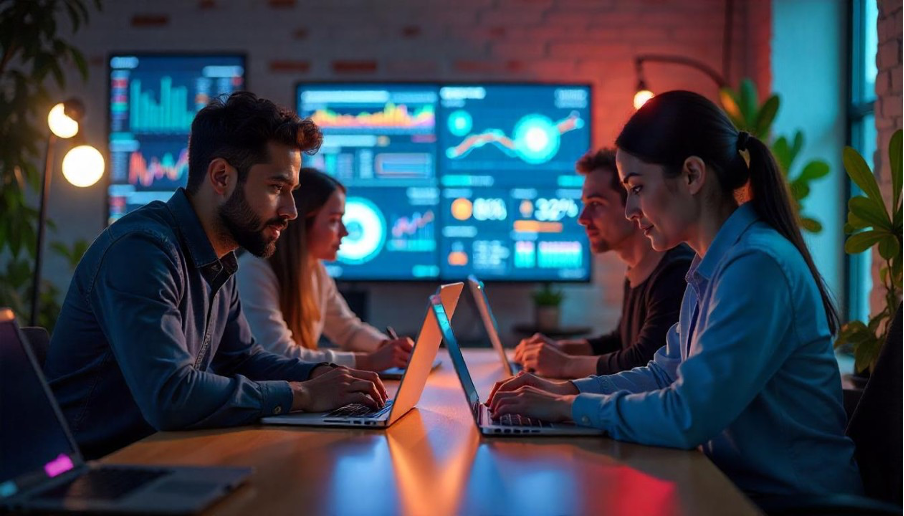 A team of analysts collaborating around laptops in front of large monitoring dashboards in a modern office
