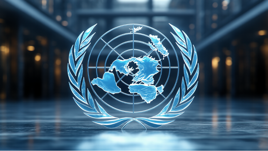 A stylized digital rendering of the United Nations emblem, glowing blue, set against a blurred institutional backdrop
