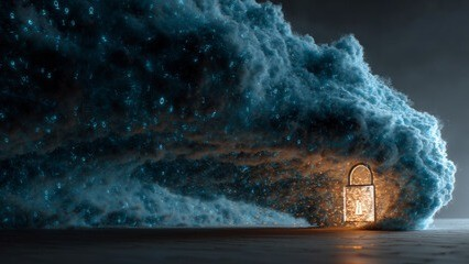 A glowing padlock standing against a towering, breaking wave of dark blue water