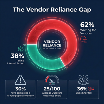 Donut chart titled "The Vendor Reliance Gap" showing 62% waiting for vendors versus 38% taking internal action, with supporting stats: 30% have completed a cryptographic inventory, average quantum readiness score 25 out of 100, and a 36% skills shortfall