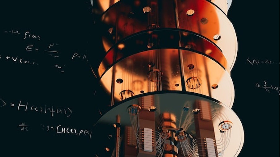 A quantum processor alongside the equations underpinning Shor's algorithm