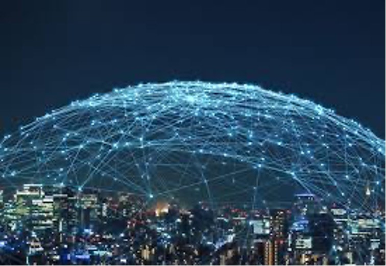A connected network spanning a financial district at night